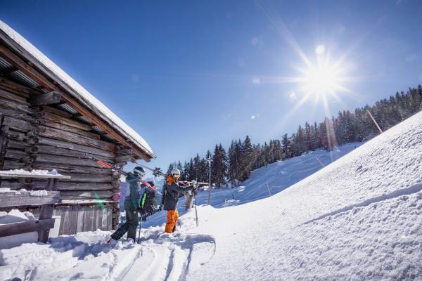 Winter Hütte mit Skifahrer